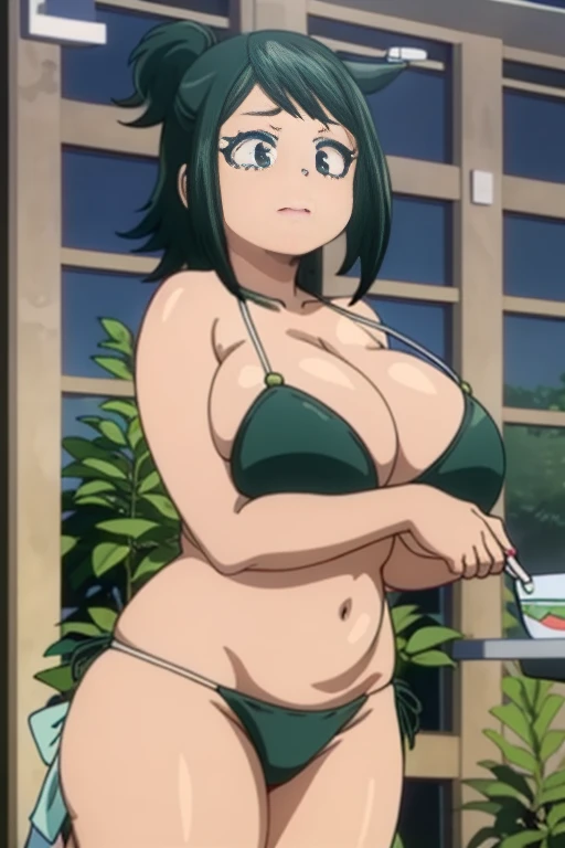 best quality, master part, retrato,
1girl, Midoriya Inko, cabelos verdes, short hair, rabo de cavalo curto, olhos verdes, ((huge breast)), Curvy, ((corpo inteiro)), ((bikini verde)), dentro, cozinha, Olhando para o Viewer, sorrir, ((alta qualidade))