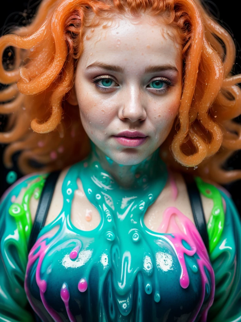 (portrait shot, ultra-detailed, best quality, photorealistic:1.37, 4k, realistic, portrait photography, jiggling female, curly redhead, dressed with jelly, slime, fluid, dense fluid, wet, neon lights, iconic pose, very dark, low key, detailed facial features, pink fog, vibrant colours, slime background, 35mm)