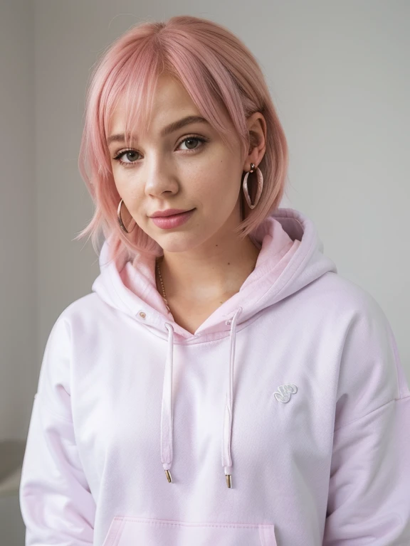 1girl, pink_hair, , earrings, lips, looking_at_viewer,, solo, tied_hoodie, full_body, black_hoodie,,smiling, white girl, egirl