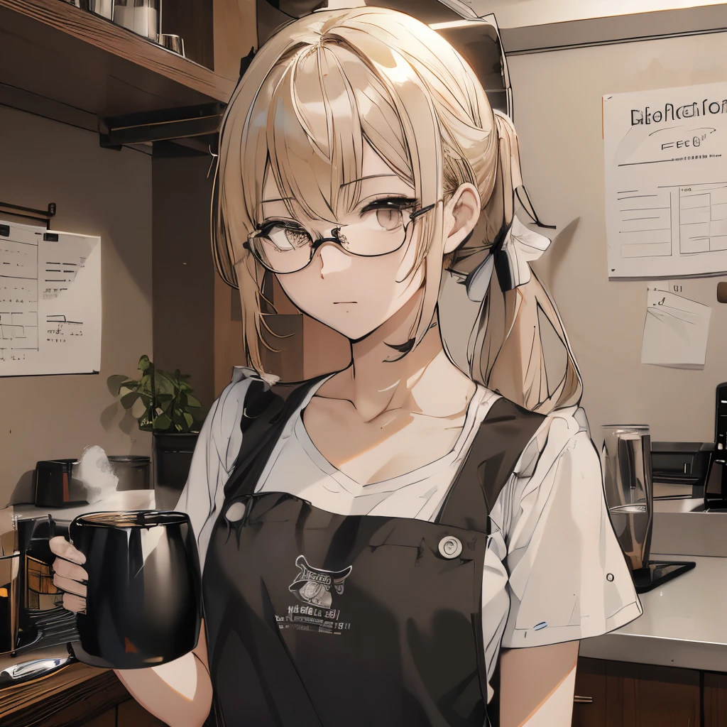 ⓪Action: drinking coffee, (coffee mug:1.4), hold a mug in hand,
①Quality:(ultra-detailed:1.3), masterpiece, 8k, extremely detailed CG, (1 girl), Perfect hands:1.2), (Perfect Anatomy:1.2), (beautiful face: 1.1), Intricate Iris Details, Captivating Eye Reflections, Sparkling Highlights in the Eyes, Depth and Dimension in the Pupils, Subtle Color Variations in the Iris, Meticulous Eyelash Details, Depth and Dimension in the Pupils, ②Lighting:brightening light, moody lighting, nature lighting, Best Illumination, ③ part: (flat chest: 1.4), floating hair, detailed face, detailed eyes, shiny hair, ④Style: animation, illustration, ⑤Subject: (ponytail hair:1.3), (blonde hair, straight hair, long hair, black eyes, sanpaku eyes ), ⑥Environment: Cafe,kitchen,bar , ⑦Construction:Upper body, (close-up view: 1.3), Looking at Viewer, very wide shot, from below, ⑧Costume : (cafe apron: 1.3), (glasses:1.5), ⑨Others:(slender body、small head、Seven-headed body), wear an apron over a t-shirt,
