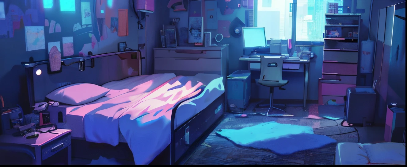 There is a bed in a room illuminated by the sun..., cyberpunk teenager bedroom, personal room background, daytime cyberpunk bedroom, cyberpunk childrens bedroom, Anime Background Art, Bright bedroom, in a cyberpunk themed room, Anime Background, Bedroom background, high light room, rpg maker style bedroom, Cozy room, anime aesthetic, The Cyberpunk Apartment, bedroom in studio ghibli