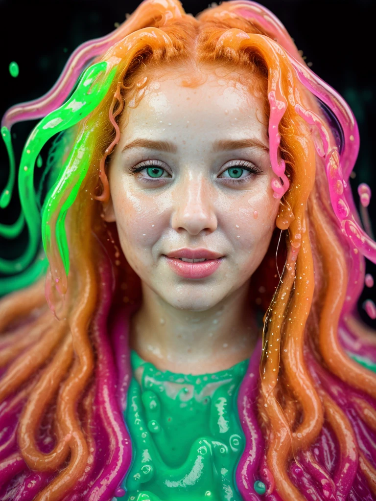 (portrait shot, ultra-detailed, best quality, photorealistic:1.37, 4k, realistic, portrait photography, jiggling female, curly redhead, dressed with jelly, slime, fluid, dense fluid, wet, neon lights, iconic pose, very dark, low key, detailed facial features, pink fog, vibrant colours, slime background, 35mm)