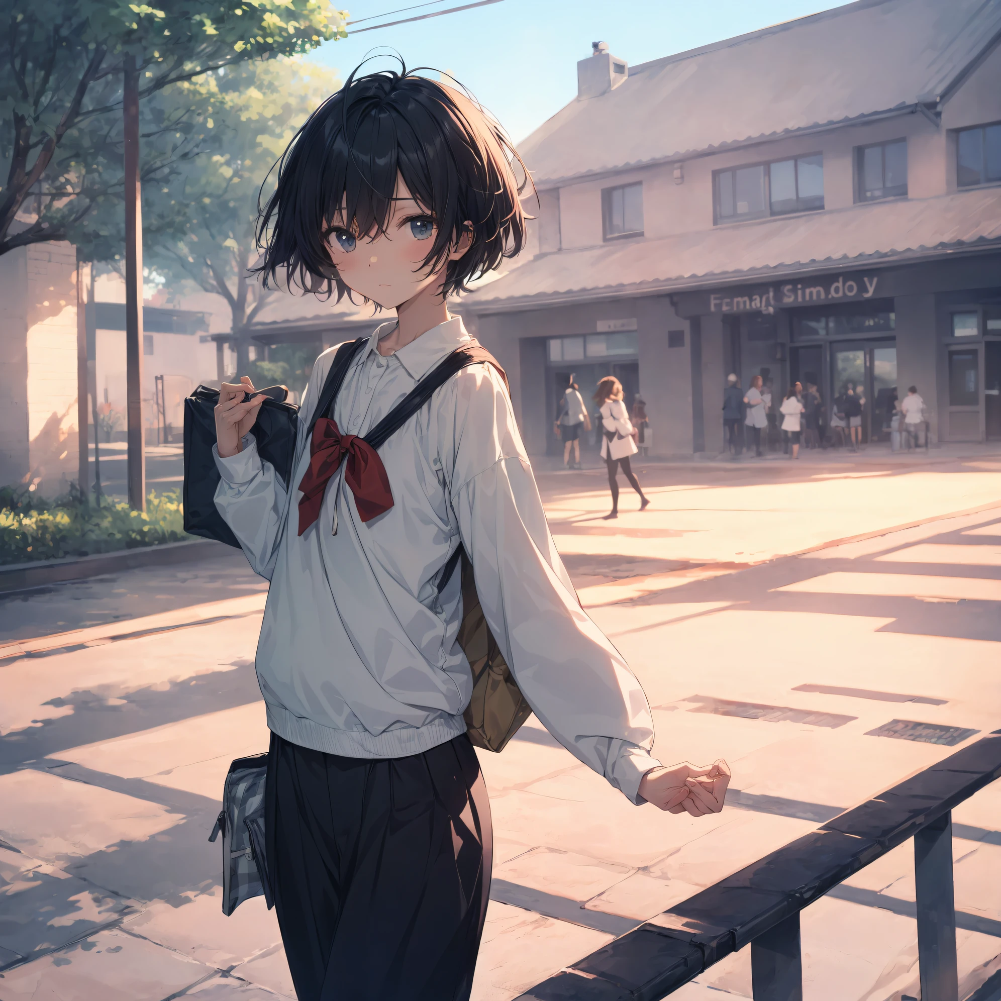 best god quality, Ultra-detailed, anime moe art style,Best Anime 8K Konachan Wallpapers,Pixiv Contest Winner,Perfect ???????, (Draw a girl sleepily walking to school. ),BREAK, 1girl is a cool beautiful girl, (Solo,Lori,child,13years:1.3),a junior high school student, Androgynous attraction, (Center part very short hair),hair messy, Forehead, Full limbs, complete fingers,flat chest, Small butt, groin, Small eyes,Beautiful detailed black eyes,well-proportioned student,disgusted eye, School uniform, Skirt,On the way to school. BREAK,High resolution,super detailed skin, Best lighting by professional AI, Illustration,