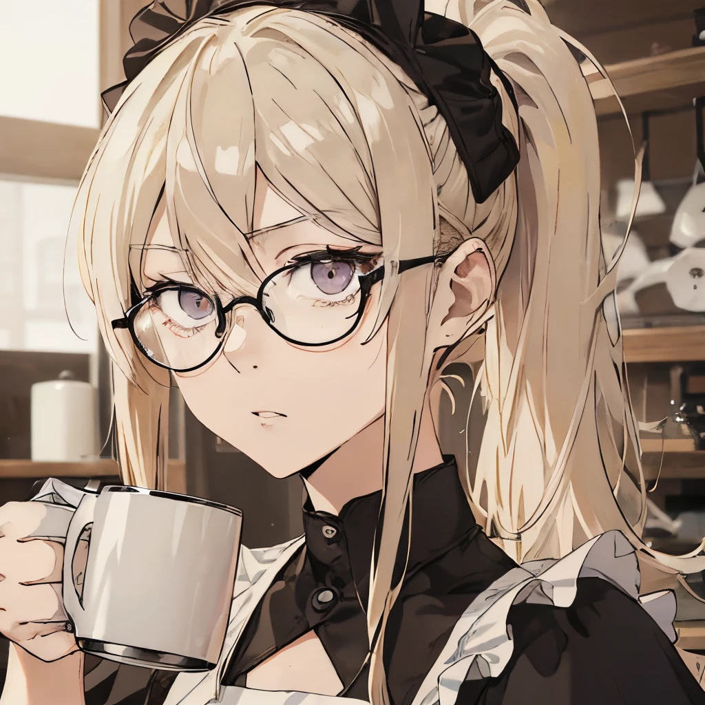 ⓪Action： Drinking coffee, (coffee mug:1.4) ①Quality：(Ultra-detailed:1.3), masutepiece, 8K, extremely details CG, (1 girl), Perfect hands:1.2), (Perfect Anatomy:1.2), (Beautiful face: 1.1), The specifics of the complex iris, fascinating eye reflection, Glowing highlights of the eyes, Depth and three-dimensionality of pupils, Subtle color changes in the iris, Particular eyelash details,　Depth and three-dimensionality of pupils, ②Lighting：Brightening light, Moody lighting, Nature lighting, Best Illumination, ③ part: (flat chest: 1.4),  Floating hair, Detailed face, Detailed eyes,  Shiny hair, ④Style: Animation, Illustration, ⑤Subject： (Ponytail hair:1.3), (Blonde hair, Straight hair, Long hair, Black eyes, Sanpaku eyes ), ⑥Environment： cafes,kitchin,a bar counter , ⑦Construction：Upper body, (extreme closeup view: 1.3), Looking at Viewer, Very Wide Shot, From below, ⑧Costume : (T-shirt, Apron: 1.3), (Glasses:1.5), ⑨Others：(Slender body、small head、Seven-headed body),