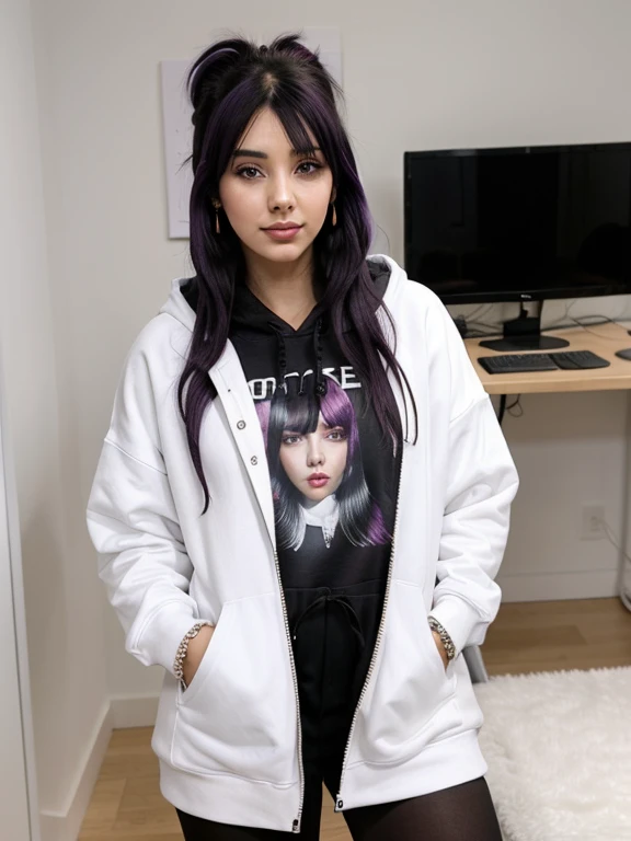 1girl, black purple_hair, , earrings, lips, looking_at_viewer,, solo, tied_hoodie, full_body, black_hoodie,,smiling, white girl, egirl, computer chair