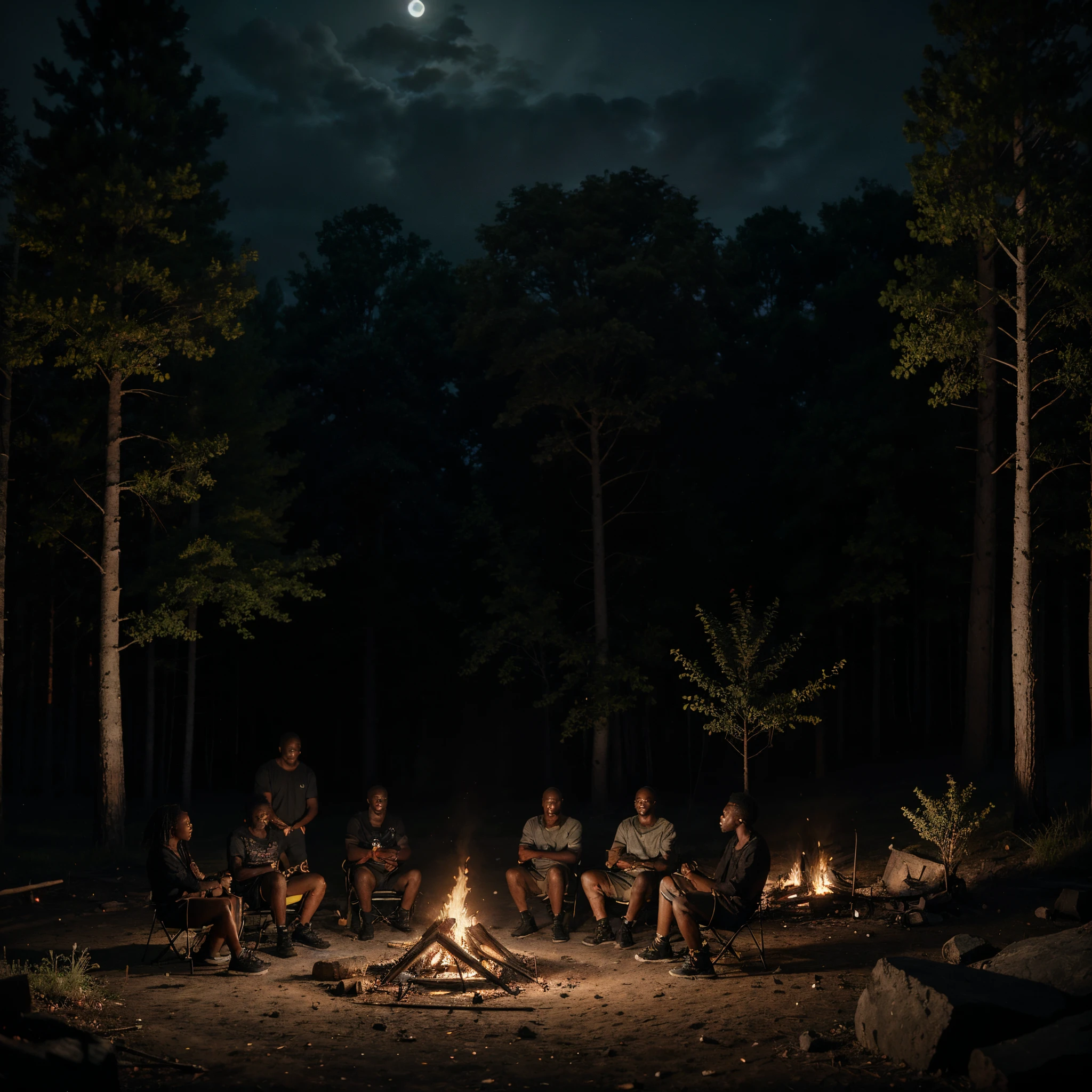 Wide angle shot of  a camp fire with black people sitting around it,  in the middle of the forest, night time with the full moon shining, through the dark clouds, giving a grey and black colour grading, cinematic scene, octane 3d rendering, 32k, ultra HD, hyper-realistic  image,