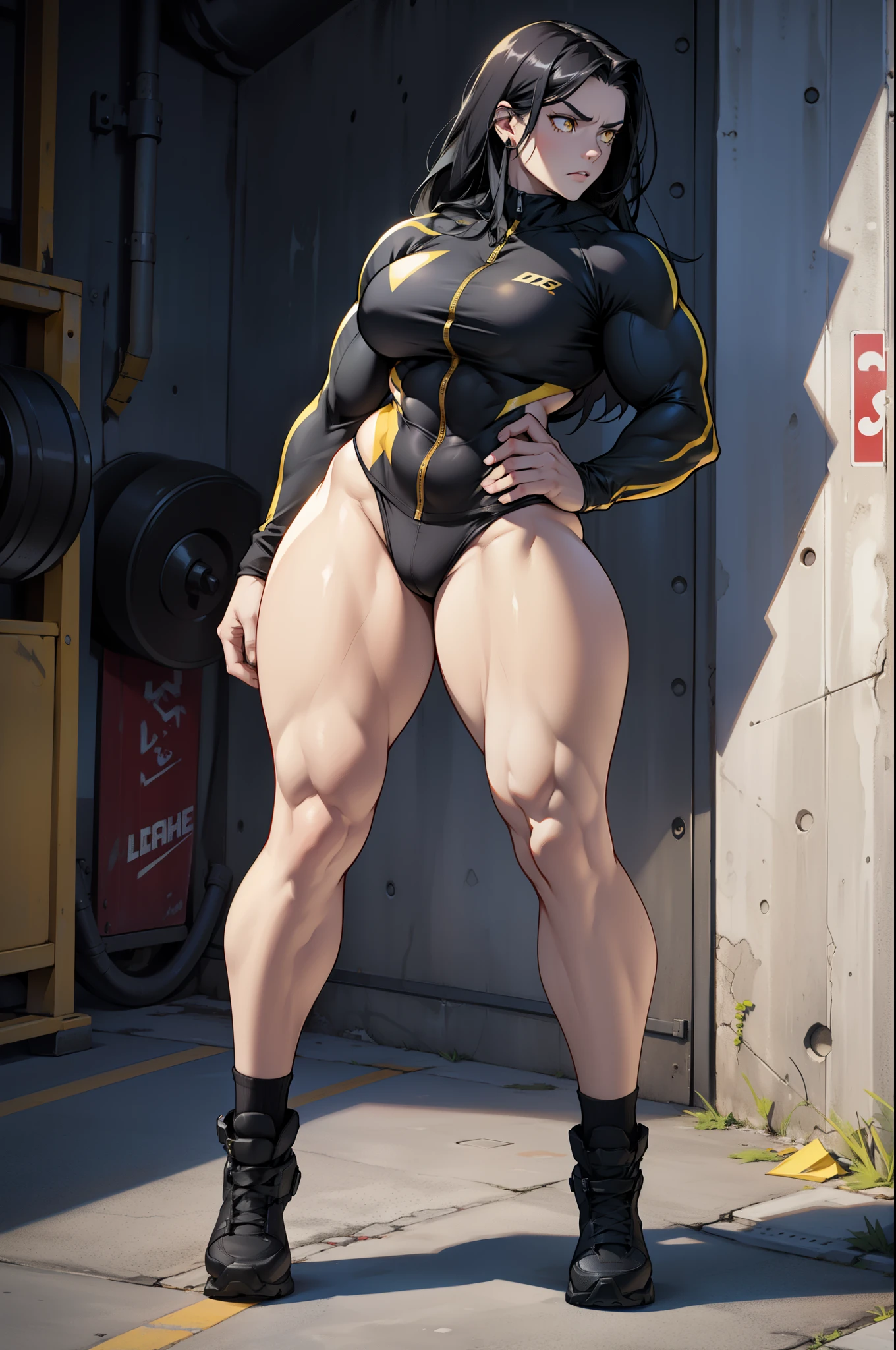 1 girl pale skin black hair yellow eyes long hair angry muscular toned body bodybuilder curvy wide hips thick thighs (full body) solo solo solo solo