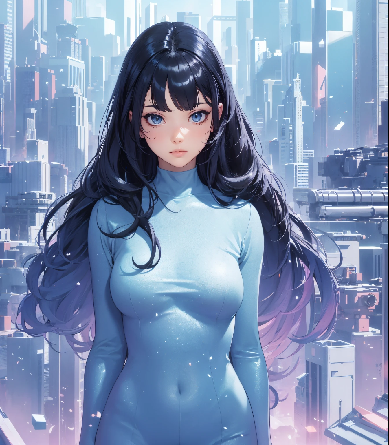 (masterpiece, best quality), beautiful woman, 23 years, soft light, blue jumpsuit, silver sequin, glitter, cleveage, long hair, long twintails, hairbows, black hair, alluring, big georgeous eyes, soft smile, perfect slim fit body, realistic background, empty apartment, standing, realistic background, bright colors, (risograph), full body shot, fullbody, medium breasts, solo, cleveage, sexy