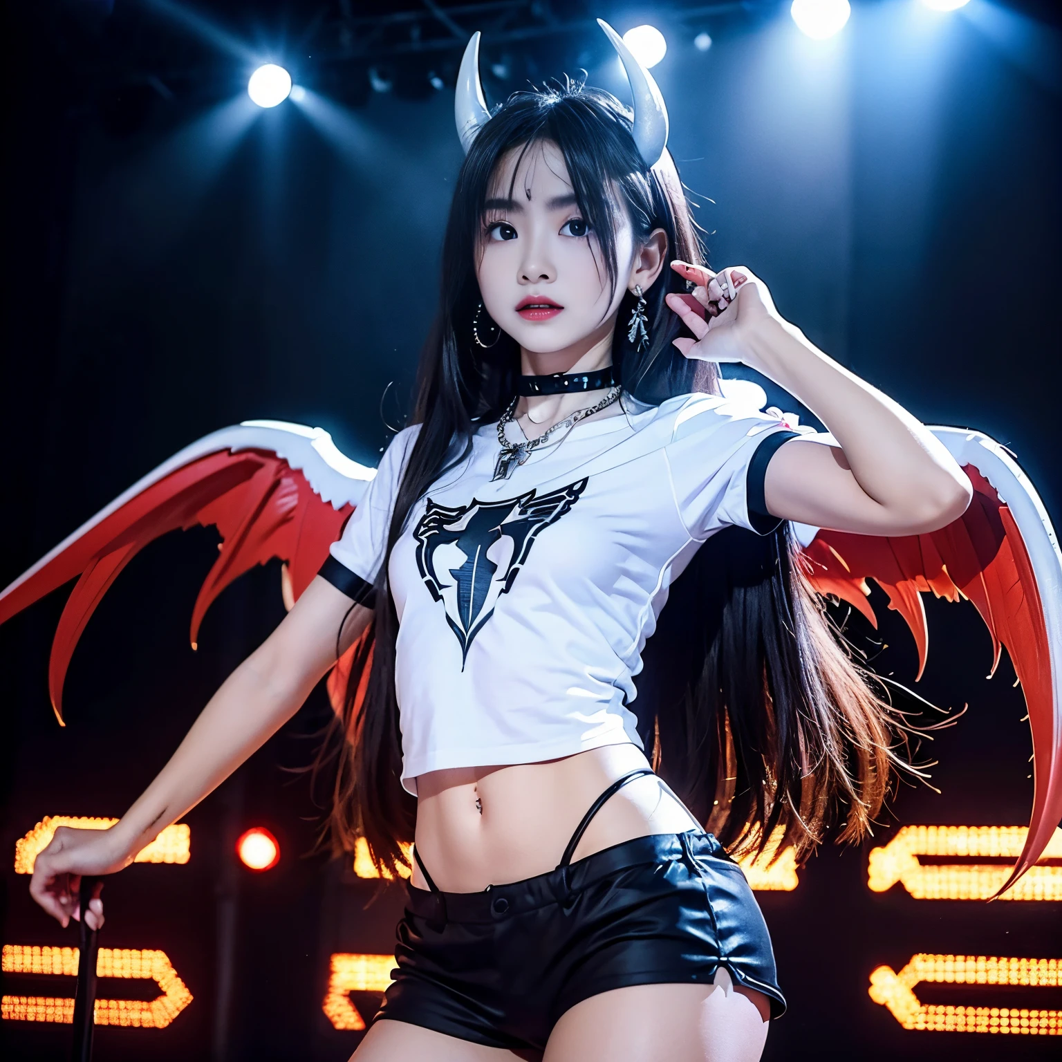 Sumglasses, 1 girl with jesus, white t shirt, wings, black wings, angel, halo, demon horns, standing on the stage, choker, midget, super villain, stand, look at the viewer, cross necklace, earrings, jewellery, jesus, jesus christ, cross tatto, holding a vibrator, sunglasses