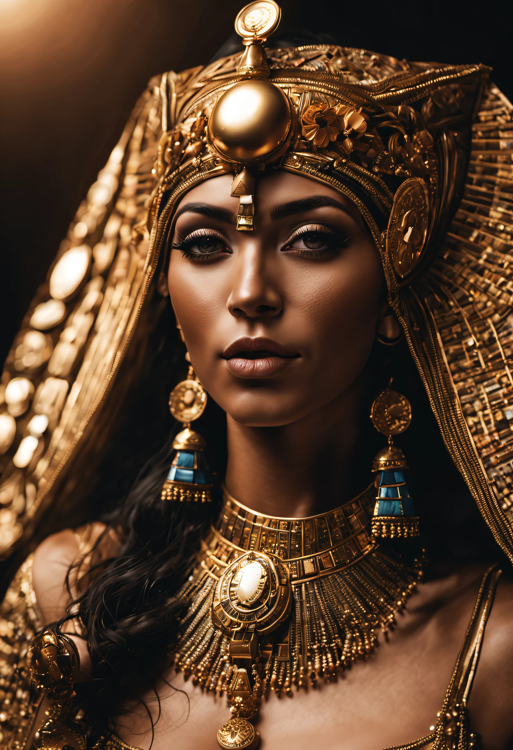 cleopatrah, a Rainha do Egito, ((corpo inteiro: 1,2)), ((Pele clara detalhada: 1,2)), (rosto extremamente bonito e detalhado: 1,2), (symmetrical face: 1,2) , (pele ultra detalhada: 1.2), wearing Cleopatra&#39;s golden helmet, joias e ouro, high resolution, master part, perfect lighting, flor, Noite, Escuro, Cinematic lighting, slightly elevated twilight, adulto, pele perfeita, Woman , Olhando para o Viewer, retrato, parte superior do corpo, fundo liso, ((Egito:1,2)), fundo preto, (RSEEmma:1.5), (nu:1.2), nu, seios, Mamilos, franja separada, Sardas, cabelo detalhado, olhar sensual, sorrir,