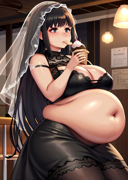 fat, big belly, chubby, osaragi, chubby, black lace dress, black veil, eating ice cream in a restaurant