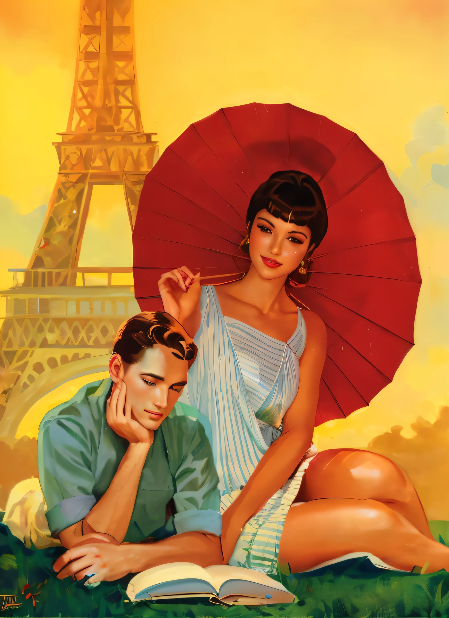 pintura de um homem e uma mulher sentada na grama com um guarda-chuva, inspirado em Art Frahm, ( Arte Fitzpatrick ), capa de romance, Otto Schmidt, Directed by: John Cat, por Art Frahm, rob rey and kentarõ miura style, beautiful retro art, Directed by: Robert Scott Lauder, Directed by: Roy Dalgarno, Enoque Bolles, OLHOS PERFEITOS, SEM DEFORMAR