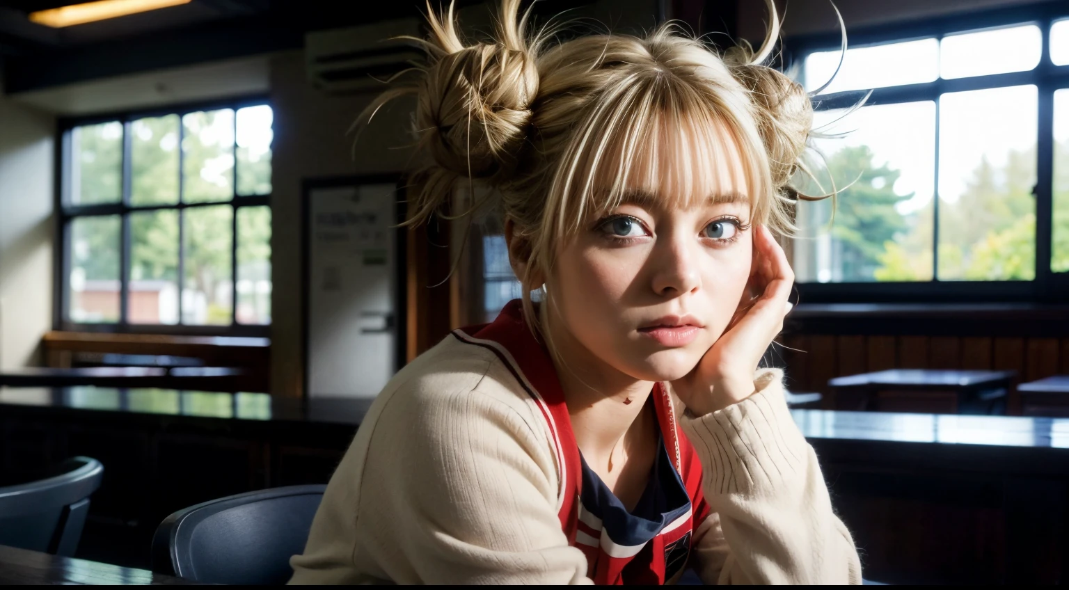 himikotoganova, (1girl, solo), blonde hair, double bun, messy hair, bangs, (perfect eyes, yellow eyes), serafuku, bags under eyes, (close mouth), blue skirt, long sleeves, red neckerchief, breasts, arms behind head, looking at viewer, upper body, detailed face, detailed eyes, beauty, extremely beautiful face, classroom