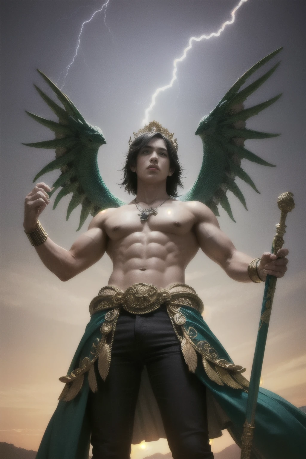 Masterpiece, best quality, {best quality}, {{masterpiece}}, {highres}, anime, 1boy, adult man, attractive, exotic, Quetzalcoatl, Kukulkan, Serpent God, dragon, serpent, flying feathers, plumage, Aztec, gold, gold, thunder, thunder