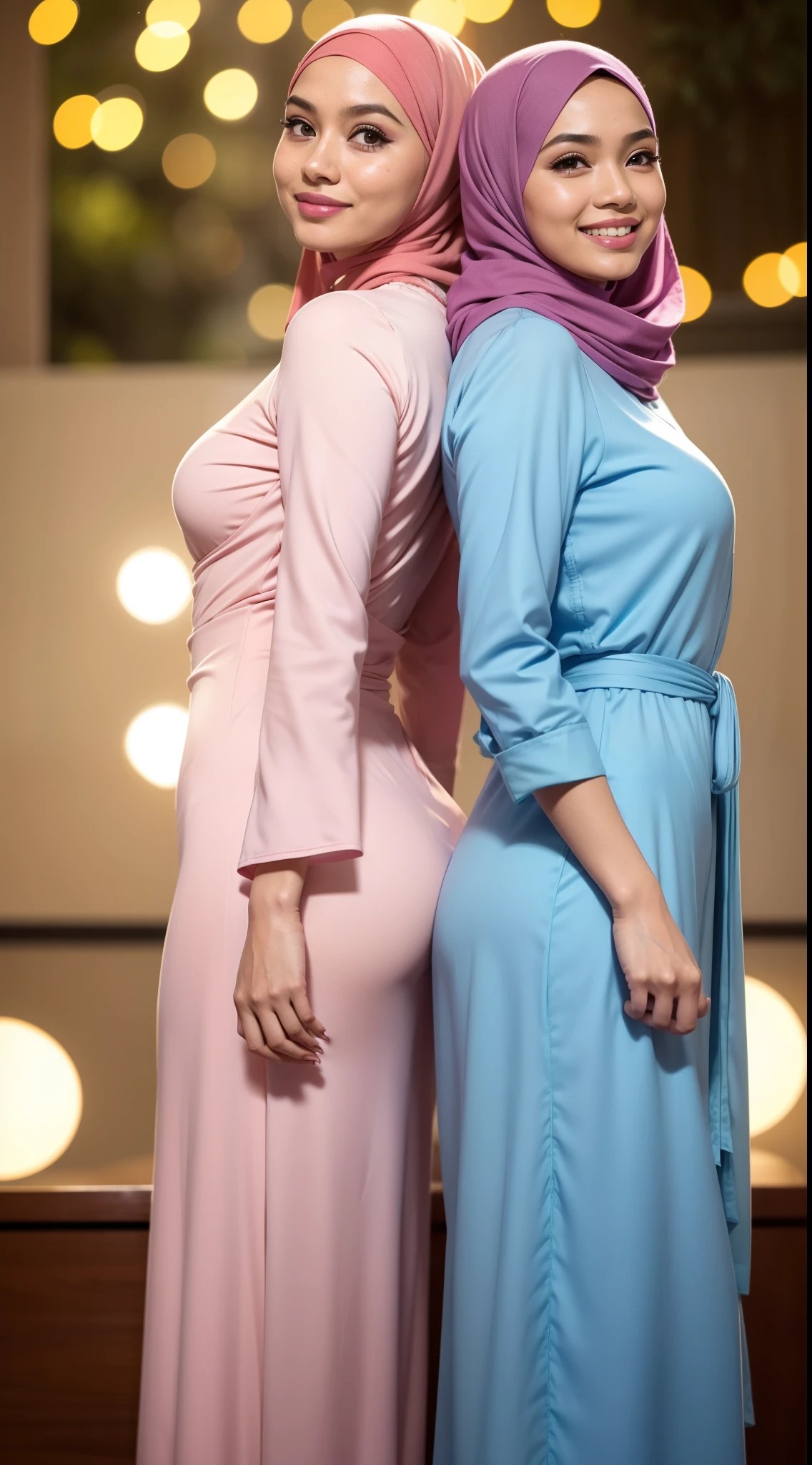 Two Malay girl in hijab wear baju kurung, pastel color, seating, front view, detail skin, detail skin texture, mole below eyes, big breast, big hip, big waist, big thigh, slim abs, beautiful body,back, beautiful buttocks, beautiful buttocks, from behind, (looking at the audience, looking back, facial details, double eyelids, smiling),evening, laughing, happy, bright lighting, blur background, bokeh,