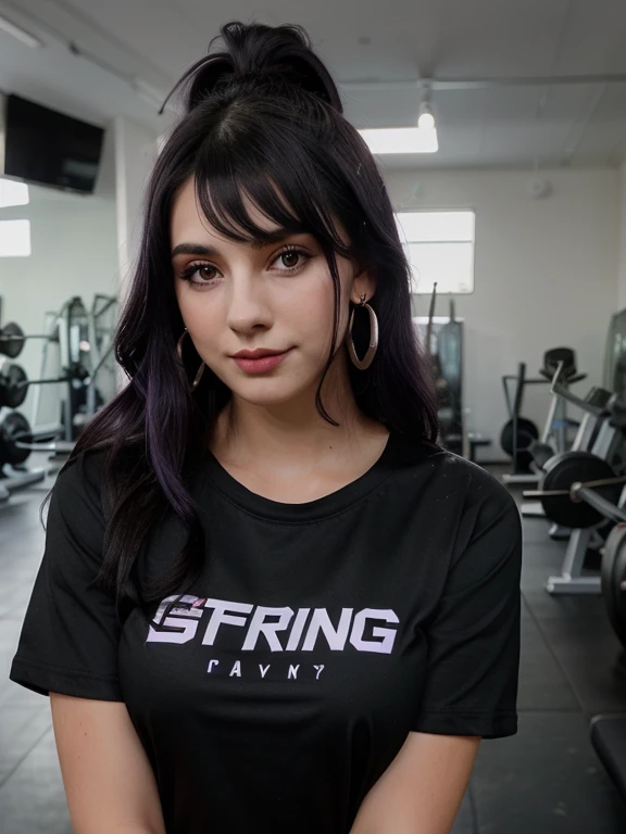 1girl, black purple_hair, , earrings, lips, looking_at_viewer,, solo, shirt, full_body, black_shirt,,smiling, white girl, egirl, working out, gym