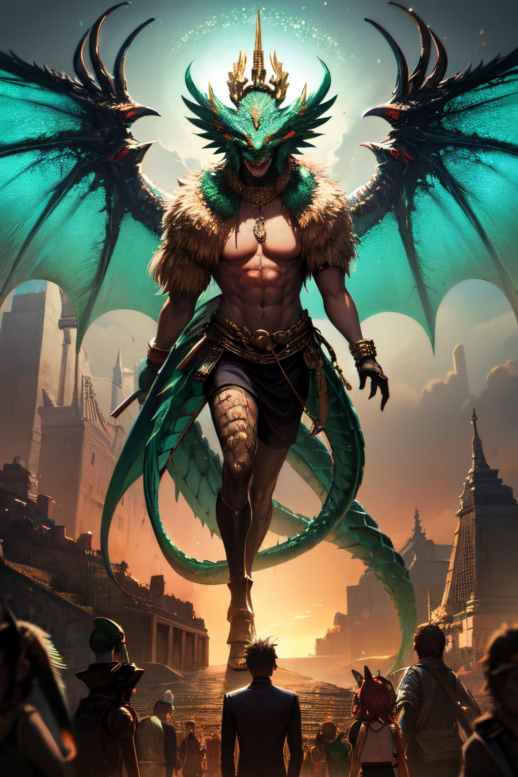 Masterpiece, best quality, {best quality}, {{masterpiece}}, {highres}, anime, 1boy, adult man, attractive, exotic, Quetzalcoatl, Kukulkan, Serpent God, dragon, serpent, flying feathers, plumage, Aztec, gold, gold, thunder, thunder