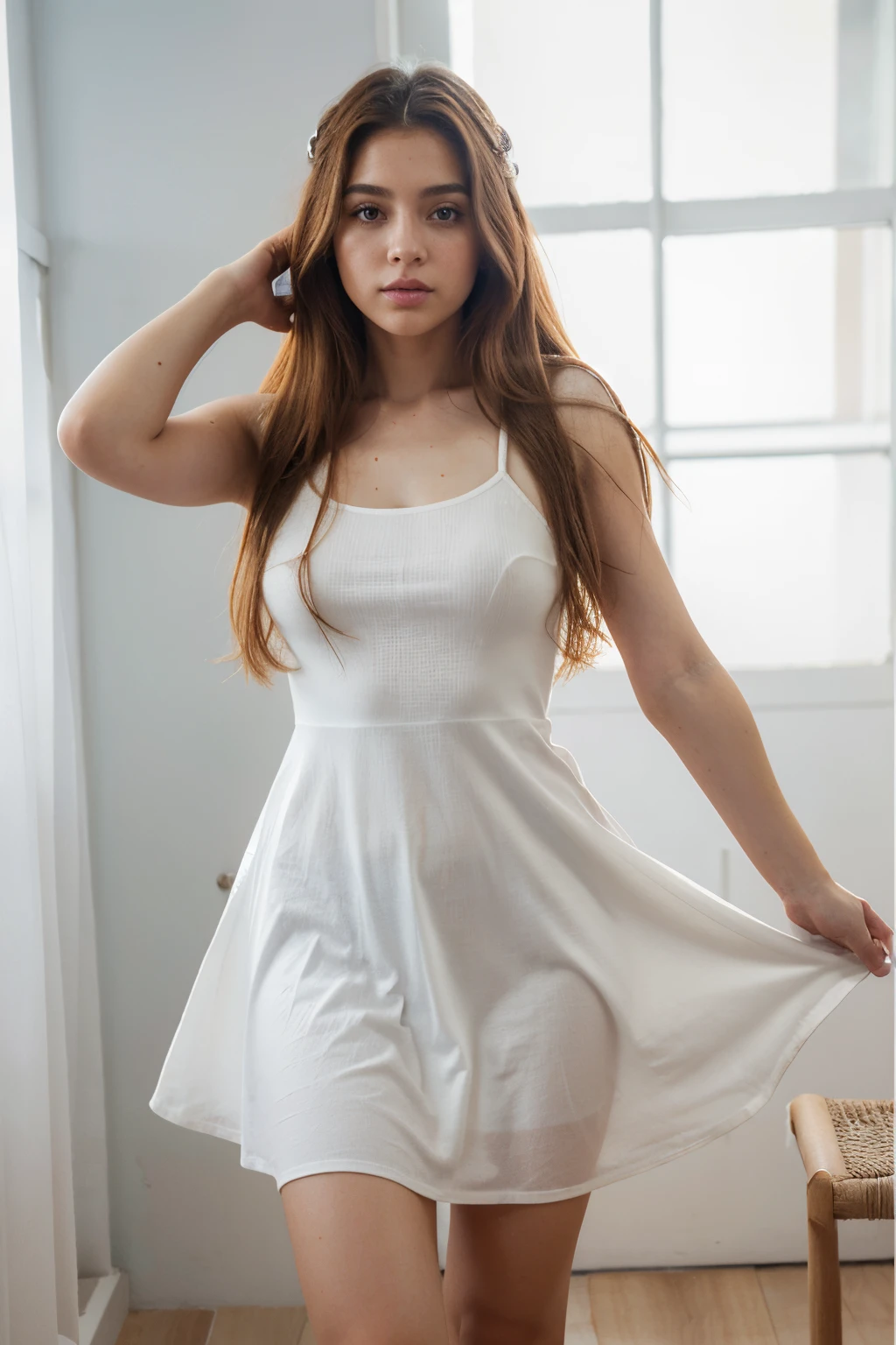 hermosa joven pelirroja , de pelo largo hasta la cintura, ojos color miel, piel blanca como la leche, labios finos , jugosos, pechos naturales, cuerpo delgado pero bien definido, vestido azul de tirantes y falda acampanada cortia, , zapatos de tacon