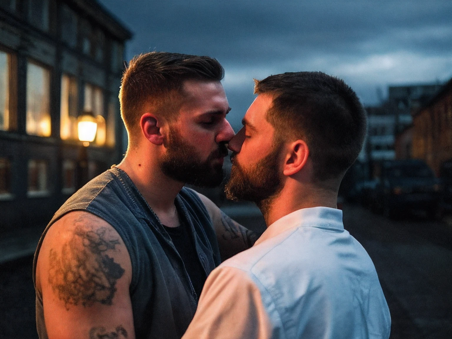 forbidden love, masterpiece, best quality, 2boys, adult males, beards, chavs, rough, dirty, Mancunian, mean, bullies, druggies, skinheads, in the neighbourhood, , soft kiss , romantic, realistic, dramatic lighting, atmospheric, intricate detail, epic shot, still image