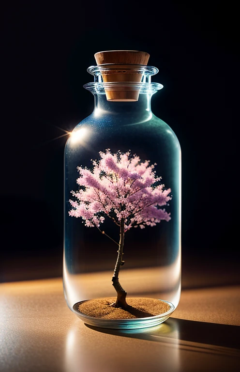 sakura tree in a bottle, fluffy, realistic, atmospheric light refraction, by lee jeffries nikon d850 film stock photograph 4 kodak portra 400 camera f1.6 lens rich colors hyper realistic lifelike texture dramatic lighting unreal engine trending on artstation cinestill 800, Style-Glass