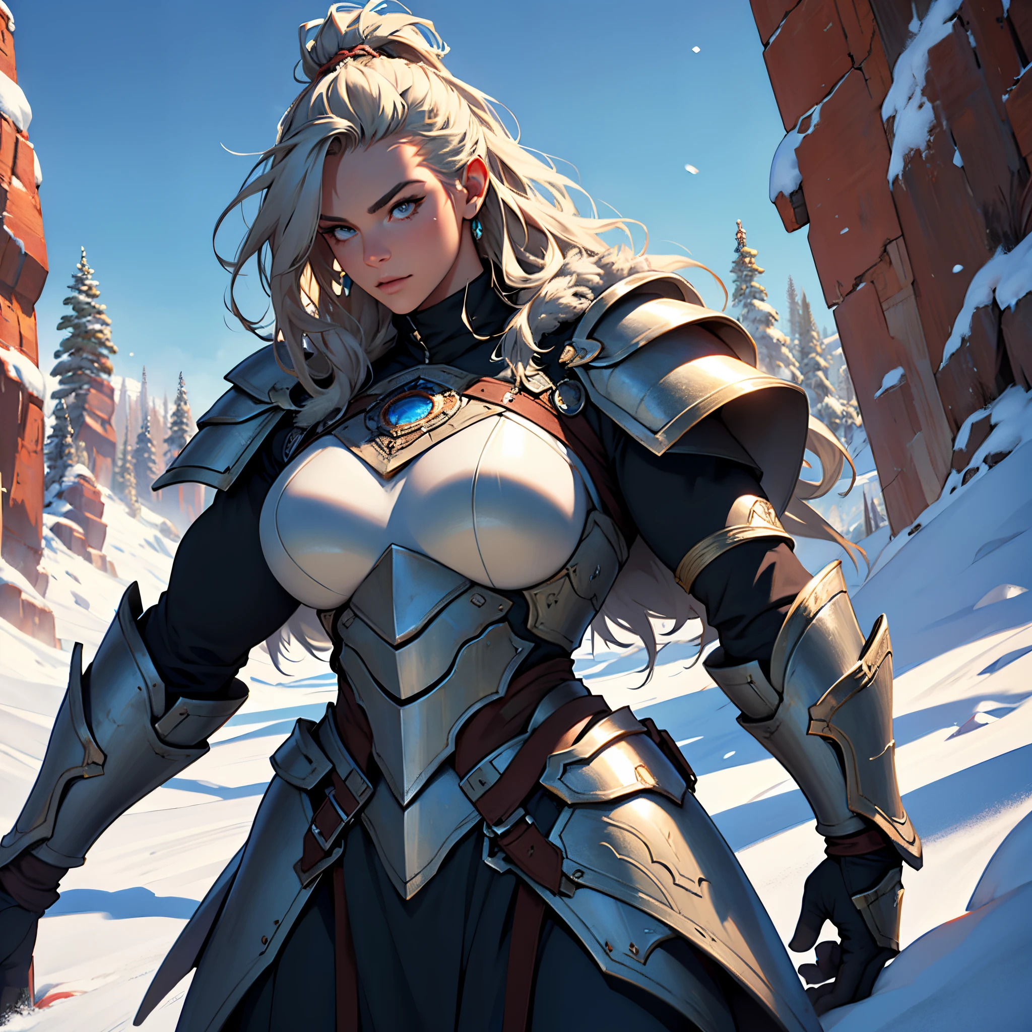 masterpiece, Best Quality, detailed, person upper body, Cinematics, 4k, Background with:field under snow canyon, Giant female warrior wearing steel armor., (Looking straight ahead, Hair tied and matted, very ugly)