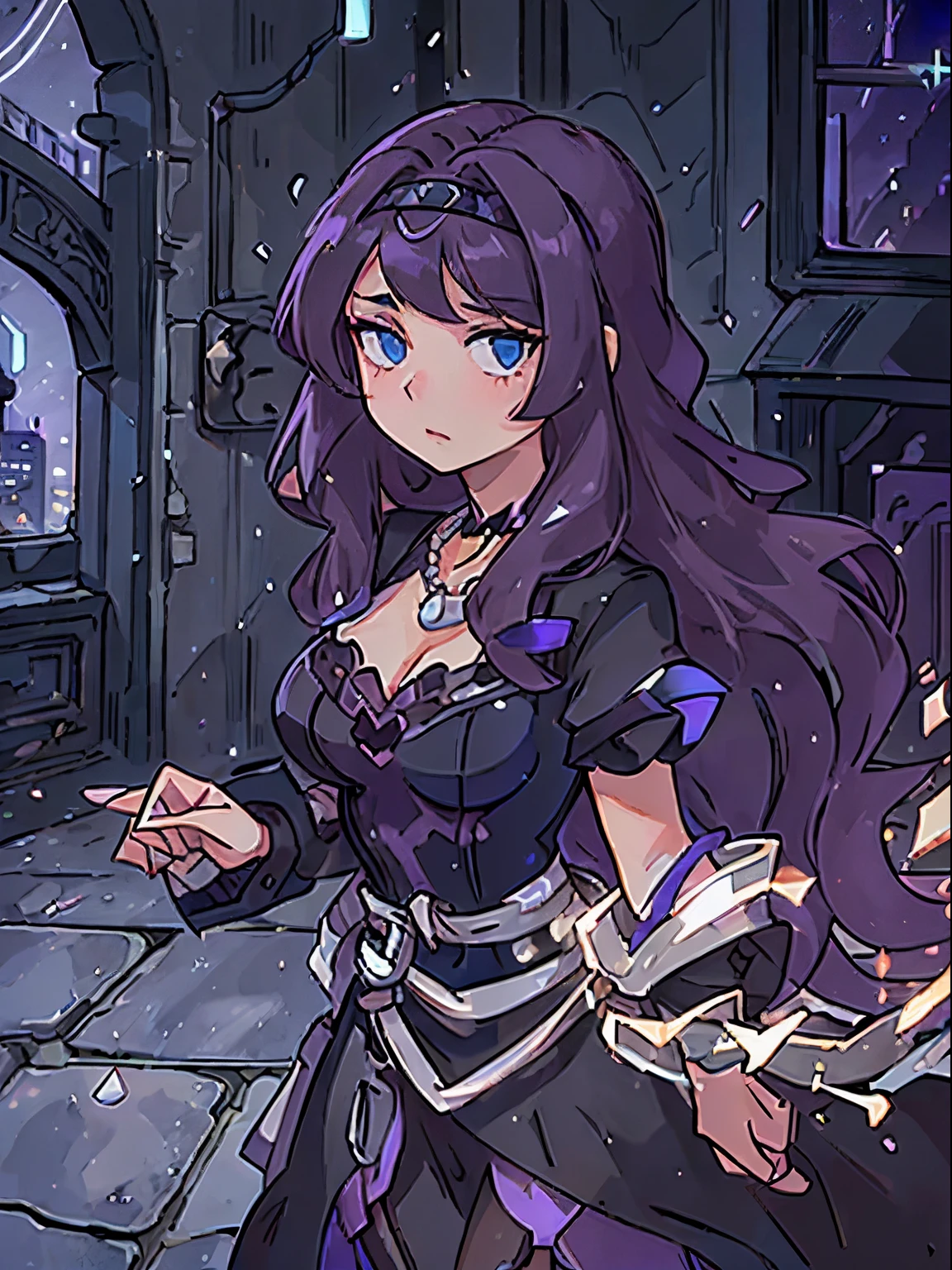 A beautiful mature woman with long wavy violet hair, side-swept bangs, sharp blue eyes, light skin, wearing a sparkly black dress, black headband, and pearl necklace, inside of a fancy building, night time.