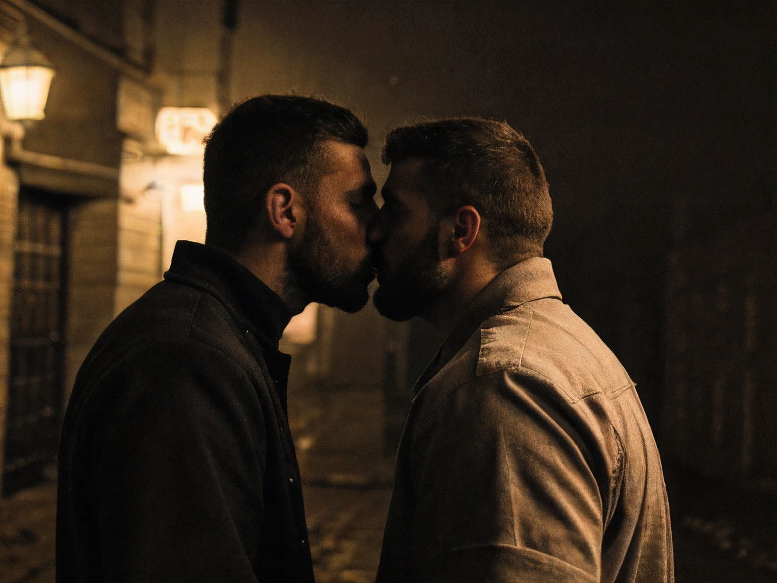 forbidden love, masterpiece, best quality, 2boys, adult males, beards, chavs, rough, dirty, Mancunian, mean, bullies, druggies, skinheads, in the neighbourhood, , soft kiss , romantic, realistic, dramatic lighting, atmospheric, intricate detail, epic shot, still image