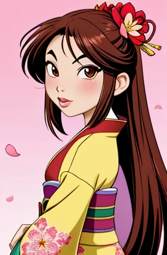 2000s anime cels style, Cartoon style of the 2000s, (flat color:1.2), vivid colors, retro anime, 2000s anime, 2000s anime, early 2000's inspired anime, early 2000's esthetics, mulan,1girl, solo, long hair, breasts, looking at viewer, brown hair, hair ornament, brown eyes, upper body, flower, Chinese clothes, hair flower, kimono, lips, petals, cherry blossoms, nose, green kimono