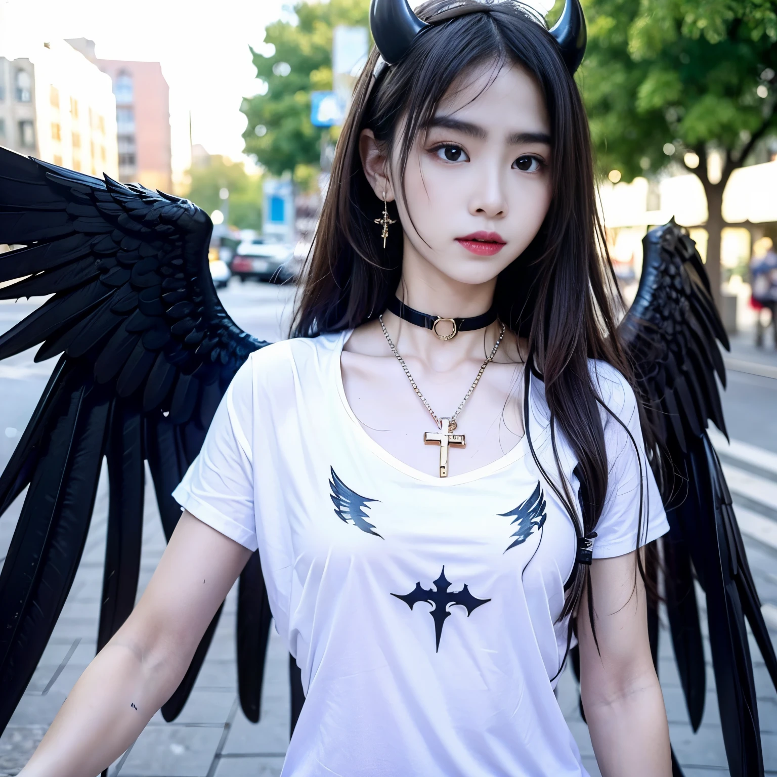 Sumglasses, 1 girl with jesus, white t shirt, wings, black wings, angel, halo, demon horns, standing on the street, choker, midget, super villain, stand, look at the viewer, cross necklace, earrings, jewellery, jesus, jesus christ, cross tatto, holding a vibrator, sunglasses