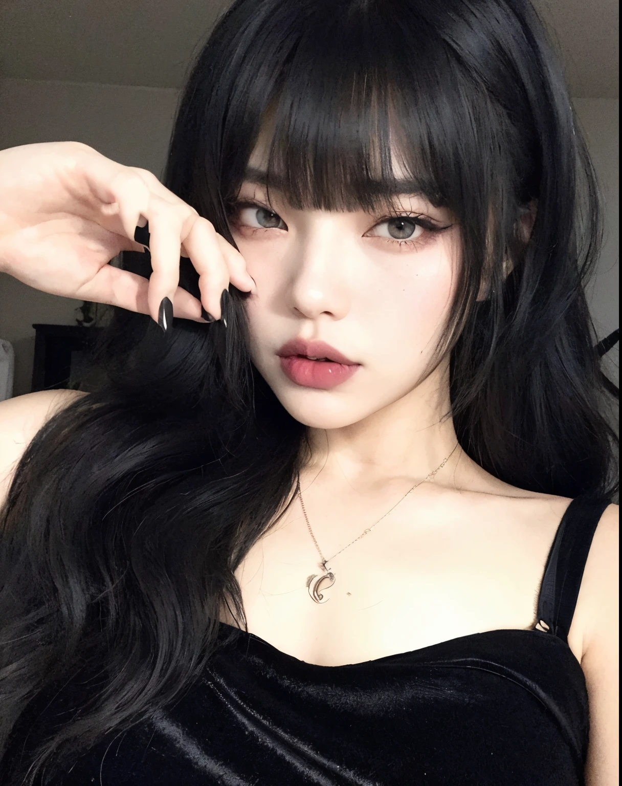 Mulher araffed com longos cabelos pretos e um vestido preto, cruel korean goth girl, Ulzzang, Ela tem cabelo preto com franja, com cabelos longos e olhos penetrantes, cabelos escuros longos com franja, cabelo preto longo com franja, pale goth beauty, cabelo blackbangs cabelo, preto hime corte cabelo, goth girl aesthetic, cabelos pretos e olhos grandes