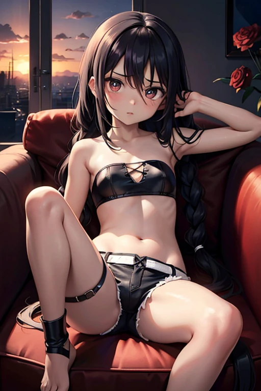 ((Best Quality)), ((masutepiece)), (Detailed), perfect face dark skin,Tube Top,hotpants,A girl trapped in a dark and narrow room,9 year old beautiful girl,permanent hair,blue right eye,messy black hair,sullen look,Ruins at night,Dimly lit space,Cuffed,fetters,gargantilha,Chained,sunset window,serpent,girl sitting in an armchair,Very long braid,Pathological atmosphere,Bouquet of roses,Open both legs,Red left eye,,,,