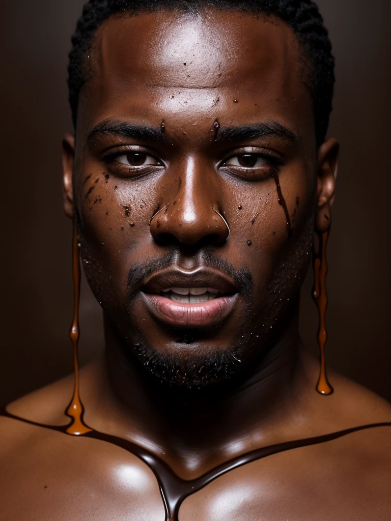 (portrait shot, ultra-detailed, best quality, photorealistic:1.37, 4k, realistic, portrait photography, jiggling male, black guy, dressed with melted chocolate, melt chocolate everywhere, fluid brown chocolate, dense fluid chocolate, matte light, iconic pose, detailed facial features, vibrant colours, melt chocolate background, 35mm)