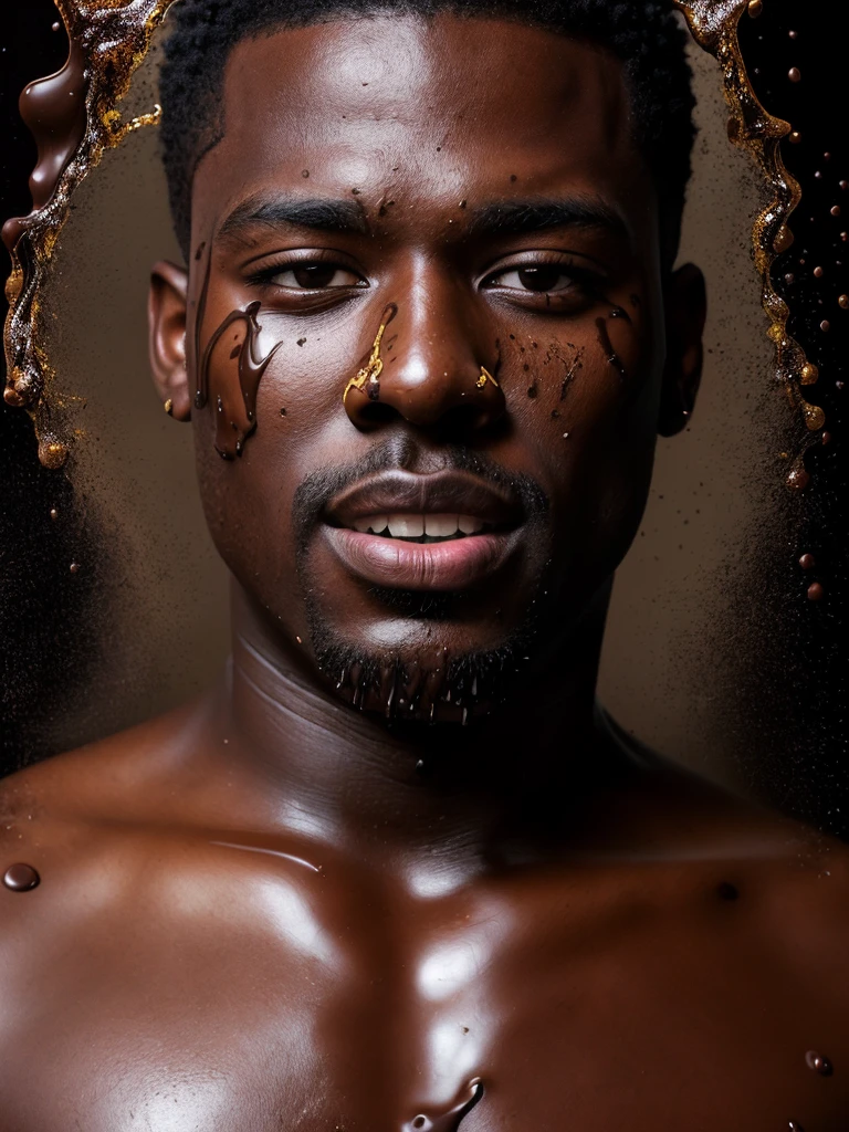 (portrait shot, ultra-detailed, best quality, photorealistic:1.37, 4k, realistic, portrait photography, jiggling male, black guy, dressed with melted chocolate, melt chocolate everywhere, fluid brown chocolate, dense fluid chocolate, matte light, iconic pose, detailed facial features, vibrant colours, melt chocolate background, 35mm)