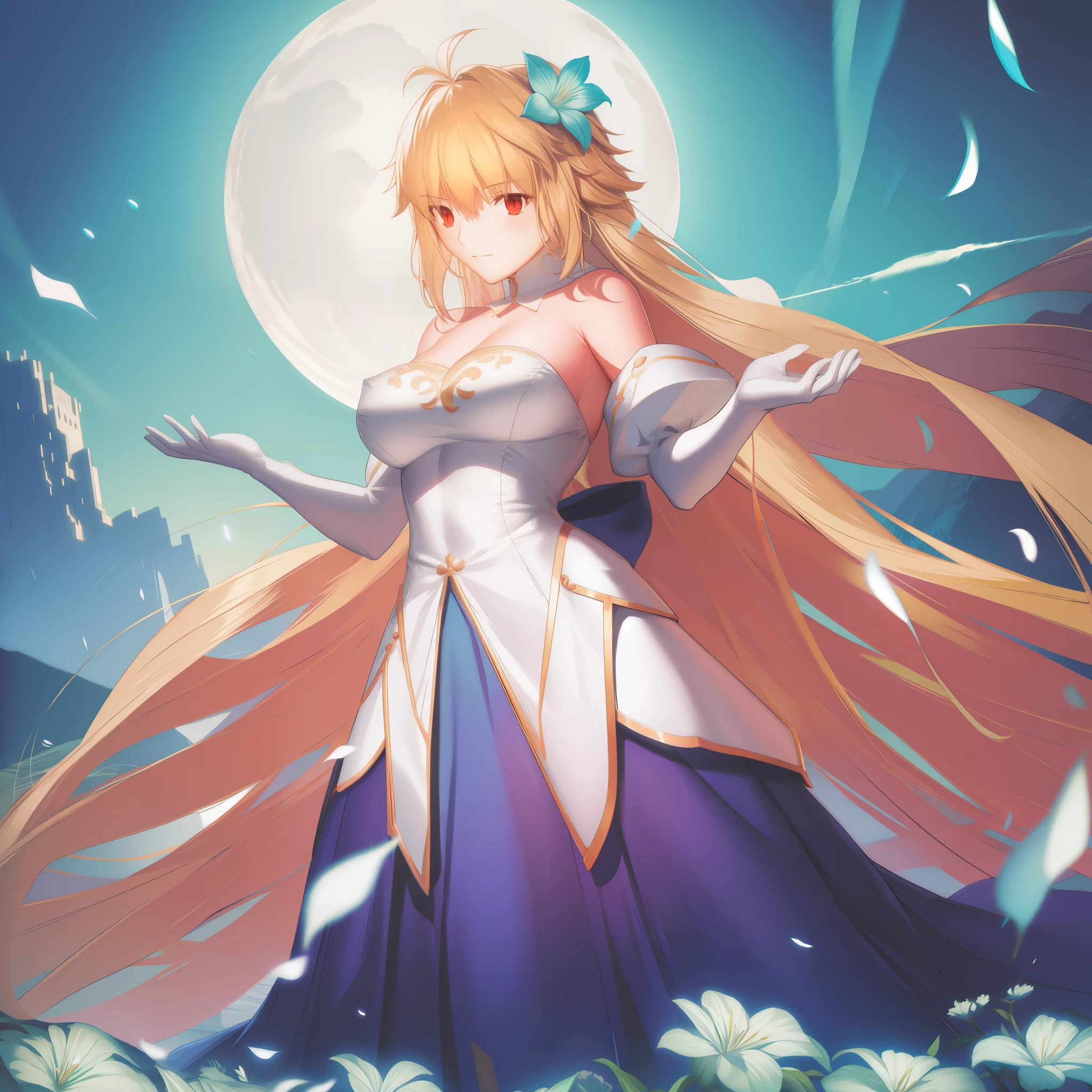 arcueid \(tsukihime\), archetype earth \(hime\), (tightly restrained:1.6), bare shoulders, blush, breasts, cleavage, detached collar, detached sleeves, two-tone strapless sleeveless hime white dress, field, flower, flower field, full moon, gloves, large breasts, looking at viewer, moon, night, night sky, petals, sky, annoyed, solo, white gloves, (standing:1.4), fullbody, white panties