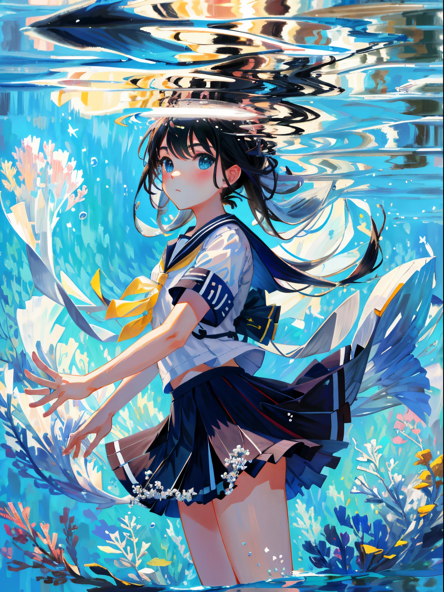 bubble, rating:safe, air_bubble, underwater, 1girl, fish, long_hair, submerged, school_uniform, serafuku, solo, water, skirt, neckerchief, short_sleeves,(Impressionism:1.4),