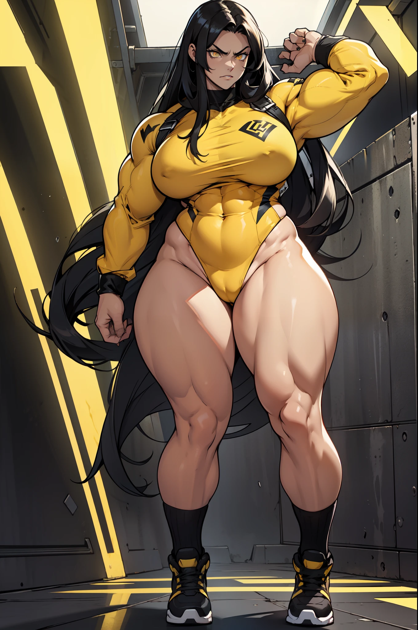 1 girl pale skin black hair yellow eyes long hair angry muscular toned body bodybuilder curvy wide hips thick thighs (full body) solo solo solo solo