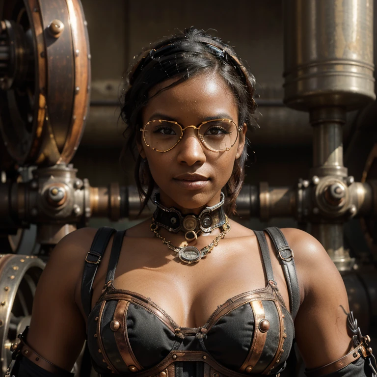 Masterpiece, highest quality, high resolution, extreme detail, 1 woman, 18 year old female with dark skin bent over a table, chest on table, dark skin, large breasts, dark lips, eye liner, blushingSIX cheeks, long black hair in 2 very large pony tails, khaki gingham skirt, lace panties, white thigh high stockings, (suspenders:1.5), steampunk hat, garter belt 6 straps, glasses, seductive look, looking at camera, 3/4 long shot, cowboy shot, greenhouse, flowers, next to large windows, stained glass windows, hotel room location