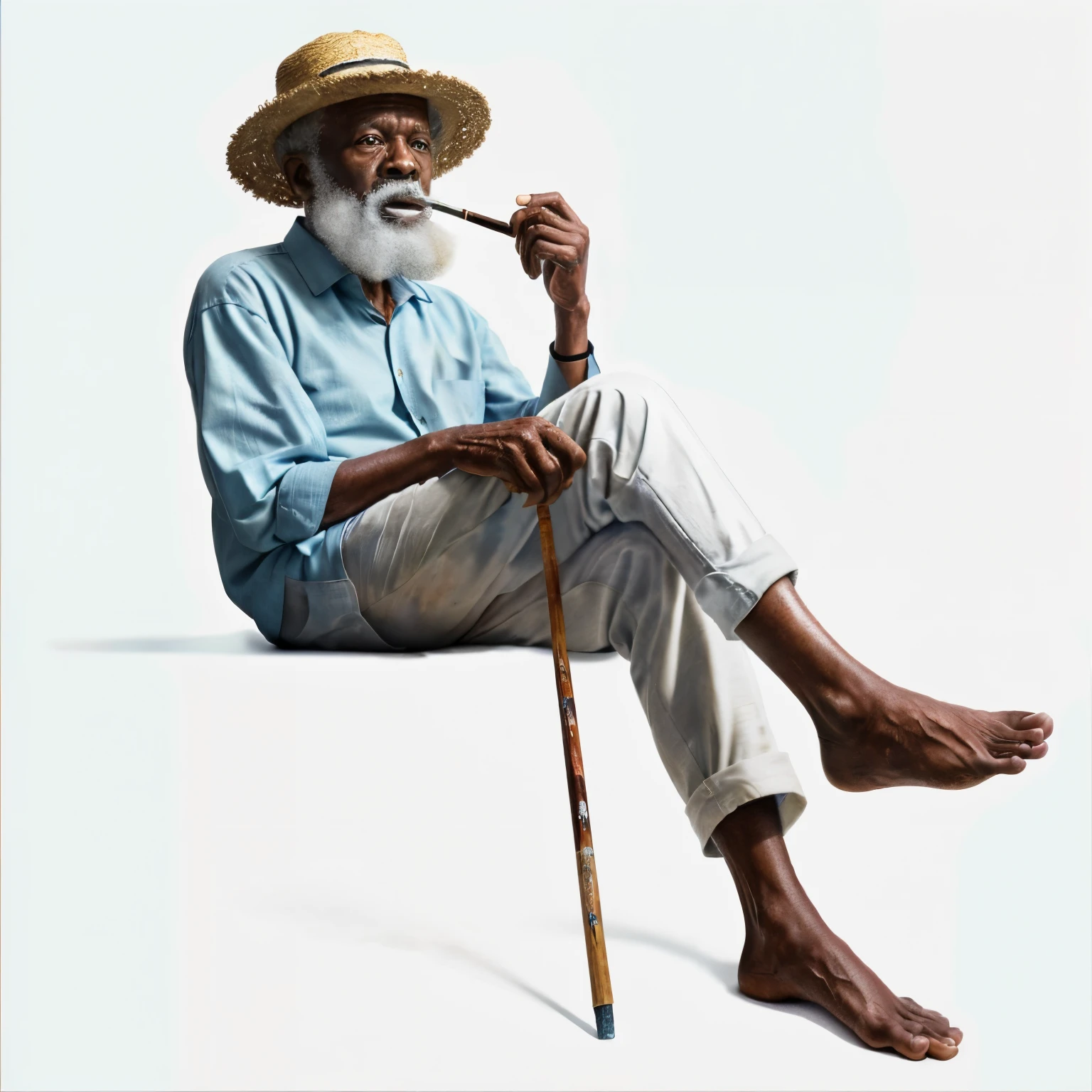 hyperrealism painting image of an elderly black man, he wears a straw hat and smokes a pipe, light blue shirt and white pants, he is leaning on a cane, bare feet on the floor