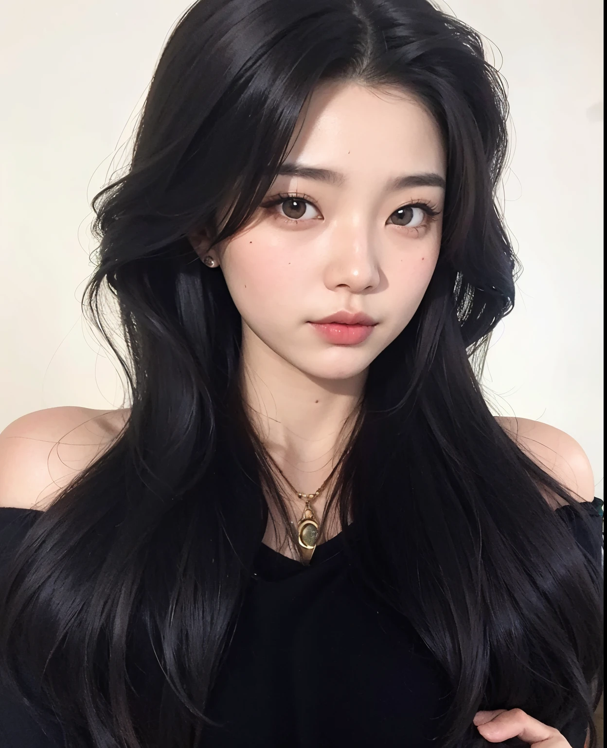 um close up de uma mulher com longos cabelos pretos posando para uma foto, Ulzzang, cruel korean goth girl, Mulher sul-coreana bonita, menina coreana, korean symmetrical face, linda mulher coreana jovem, korean face features, mulher coreana jovem bonita, wan adorable korean face, Asian girl with long hair, maquiagem sul-coreana popular, com cabelos longos e olhos penetrantes