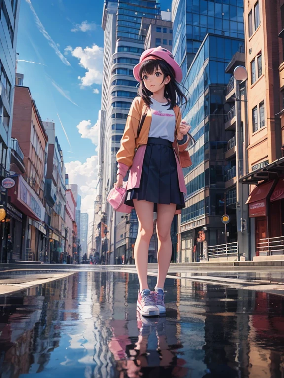 Create high-quality images of anime-style characters on cityscapes reflected in puddles.
BREAK Character must wear a pink hat, orange and white jacket, grey skirt, and pink and black sneakers, Staring at the puddle with a calm expression.
BREAK In the background、bright blue sky with clouds、City buildings illuminated by sunlight should be depicted。, A trompe l'oeil style combination of realistic cityscapes and anime character styles..