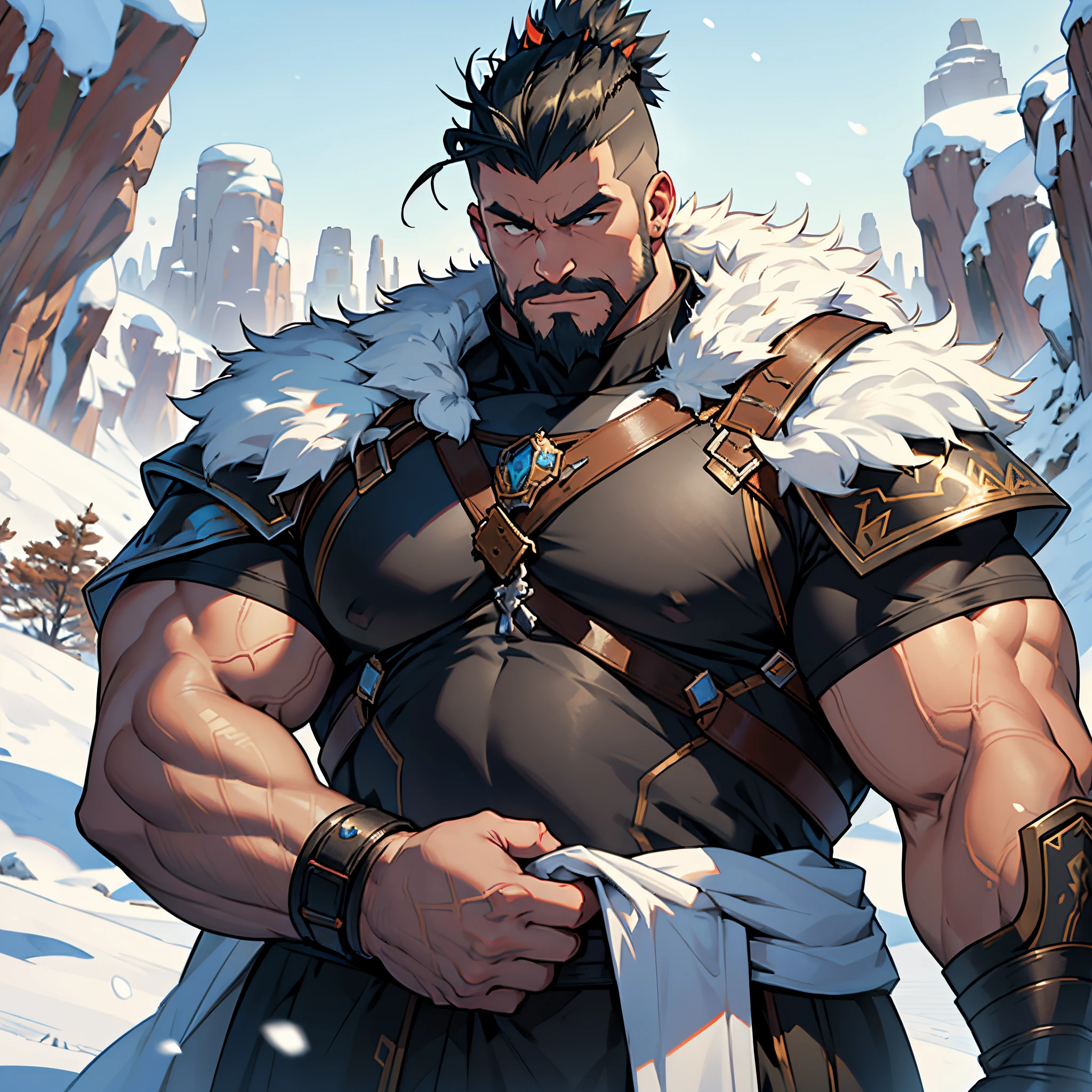 ​masterpiece, Best Quality, detailed, person upper body, Cinematics, 4k, Background with:field under snow canyon, Very fat giant warrior wearing shaped steel armor and fur., (man with mohawk style hair, very ugly)