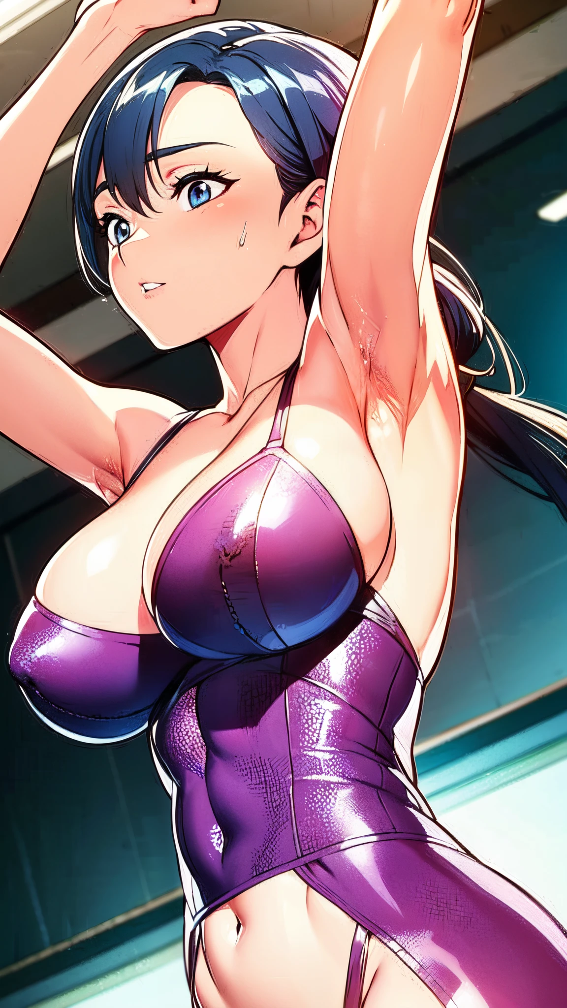arms up, armpits showing, armpits have an erotic sheen, very large breasts, armpits smell very smelly,