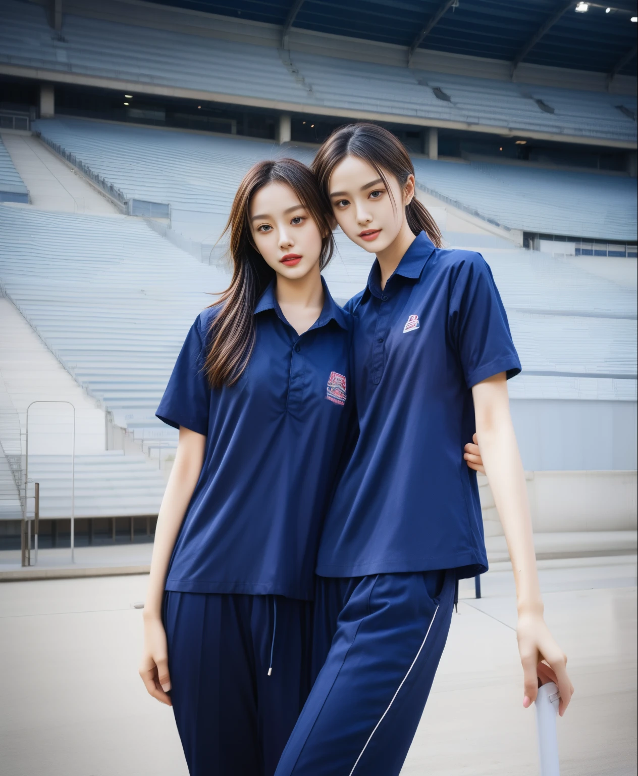 (bestquality,10,10,highres,masterpiece:1.2),ultra-detail,(Realistic,photorealistic portrait,photo-realistic:1.37),1 Cute girl in the football field,oily shiny skin,bara,light smile,BDclothes,((blue shirt:1.3)),short sleeves,shirt, trousers.,(navy_long_Pants Track:1.1), ((Stadium Background:1.3)),dynamic angle,excited,face focus,Dynamic Poses,from behide,Ass Focus,masterpiece, bestquality, ultra realistic, hyper-detail, 8k resolution, RAW photo, crisp focus, ((Navy blue shirt:1.1)), short sleeves, Long Path, Perfect body, 2 mature women, 18yo, cinematic light,Blue sweatpants,Gymware,Correct anatomy,Complete body, Correct body, sharp face, Anatomically correct body, full entire body, Realistic gestures, long-haired, Realistic poses,Wear long shorts.............................,Long leg span,Shapely,Sculpting Girl, Slender Figure, mannequin mannequins, Shapely, Beautiful body,Blue sweatpants, Two girls kissing