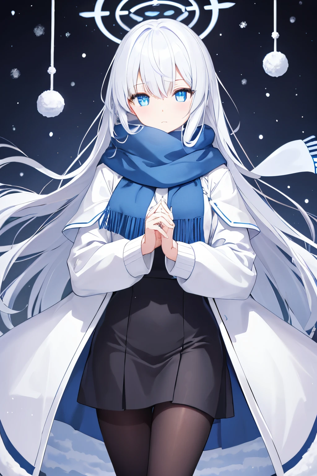 The right hand is naturally downward,tmasterpiece,Extremely Delicately Beautiful,Two-dimensional exquisite painting style,Extremely meticulous and delicate,8K ,High quality,Ultra detailed,CG wallpaper,illustratio,Color background grayscale:1.1, A girl with straight white hair,blue color eyes,There are white patterns in the eyes,There is a diamond pattern,are standing,Look forward expressionlessly,Wear a beige thick sweater,Thick beige sweater,The sleeves of the shirt are very baggy,There is a wind chime sewn on the right sleeve,The top covers the thighs,White thick pantyhose,White thick fur shoes,nipple play《azur lane》styled,There is a blue halo on the head,There is a blue polyhedral shape pattern in the halo,There is no badge on the chest,Clothing for snowy scenes in winter has good warmth retention properties,Little white hands,Women's hands,独奏,1girll,full bodyesbian,standing on your feet,Beautiful melon seed face,The blue halo on the head has a clock pattern inside,Big clear and bright eyes,Look straight ahead,face expressionless,There is a blue halo on the head,There is a blue clock-shaped pattern in the halo,Snow in winter,There is no halo behind you, only on your head,Wearing a long white scarf,Face buried in scarf