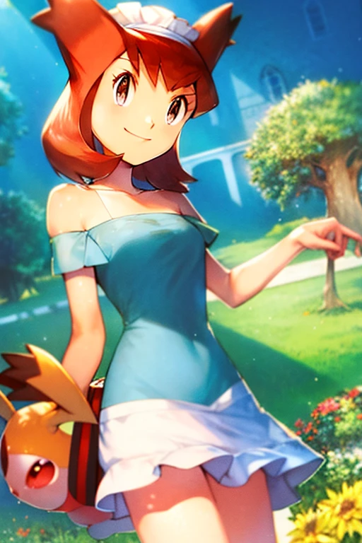 bianca (pokemon heroes), bianca (pokemon heroes), brown hair, blue eyes, smile, Light Blue Dress, Strapless Light Blue Dress, Ruffle Off-the-Shoulder Top, Off-the-Shoulder Dress, Long Skirt, anime, masterpiece, best illustration, 2d, very high resolution, 1 girl, garden,