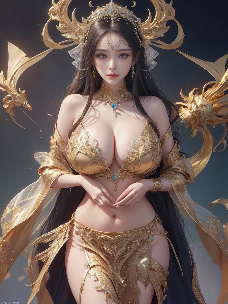 woman in a golden transparent dress,view the viewer,(((gigantic cleavage breasts, Cleavage is large))),a slender waist,(Bare navel,Bare waist), long whitr hair, Ultra-detailed details,High-end art station, Rainstorm site, detailed fantasy art, Stunning character art, Beautiful and beautiful character art, Beautiful gold and silver armor, The is very detailed, Girl in shiny armor, Exquisite headwear and jewelry,crystal jewelry filigree, milky ways, stunning visuals, (dynamic streaks, Light track:1.2), vivd colour,