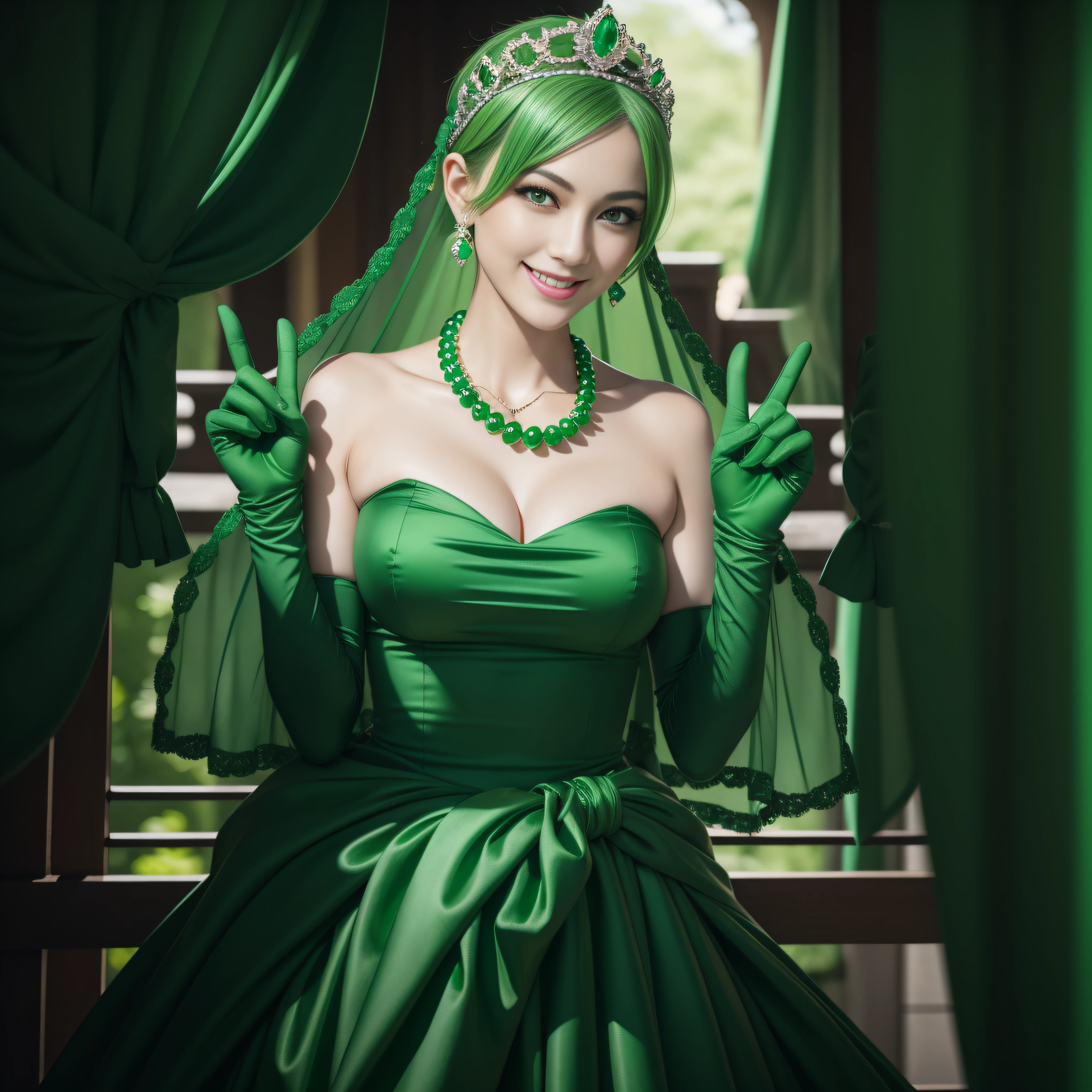 emerald tiara, Green Pearl Necklace, Boyish very short green hair, lipsticks, Japan woman smiling, very short short hair, big breasts beautiful, Green eyes, Long green gloves made of satin material, Green eyes, Emerald Earrings, green vale, v sign
