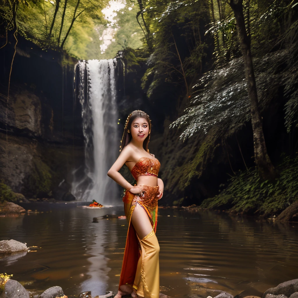 Beautiful Thai woman in local dress dancing in Thai culture style at the waterfall in colorful forest with rimlight, open shoulder, full body, wide angle, best quality, ultra detail, photography