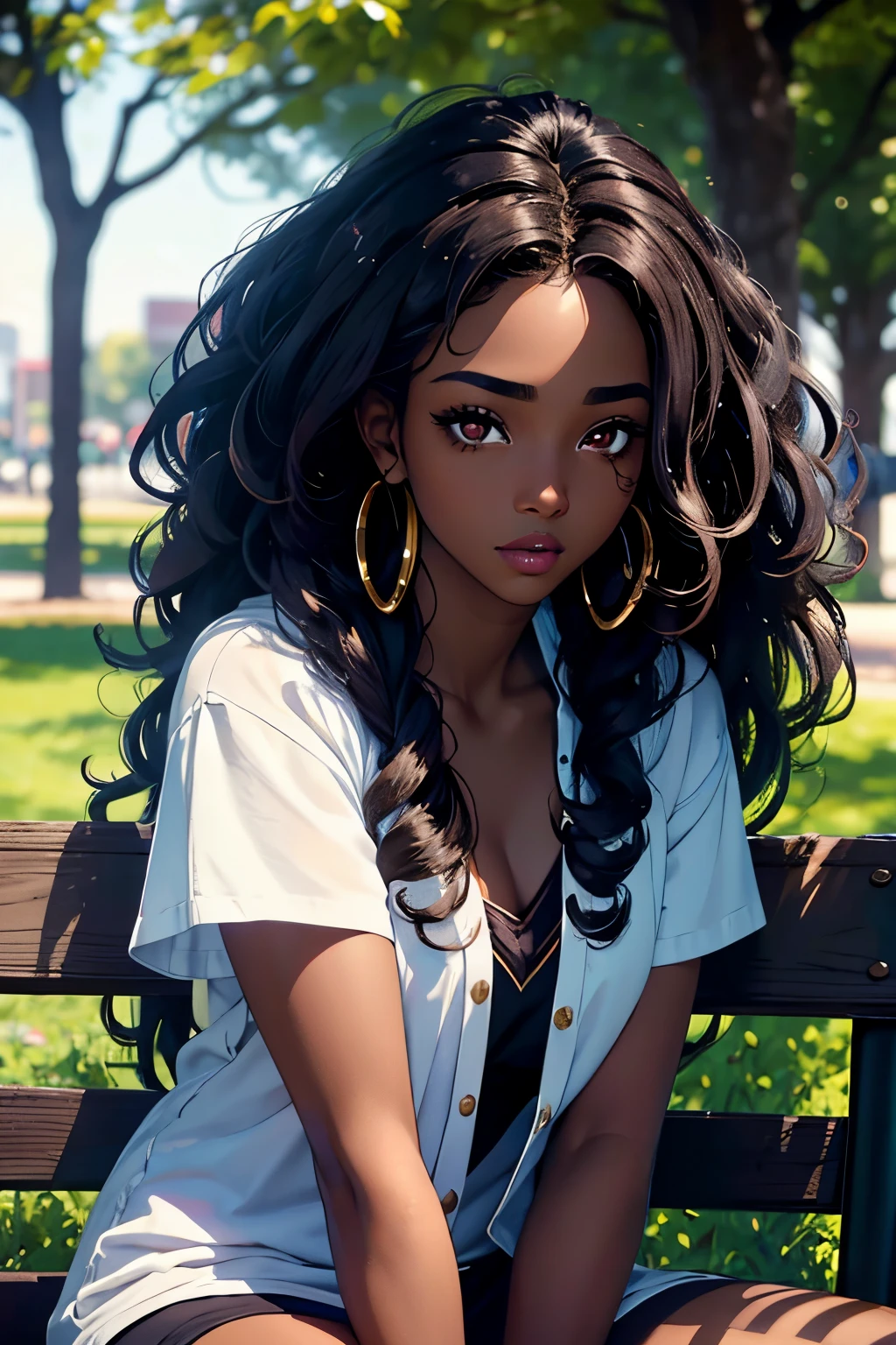 (masterpiece: 1.2, best quality), 1 lady, alone, Sitting in a style cafeteria , daytime, sitting, black hair, extremely curly hair, dark eyes, no cleavage, dark skin, comfy clothing style, no bangs , medium breasts, High collar closed shirt, Latina, turtleneck shirt closed to the neck, BC shape hair strand, closed wavy hair.