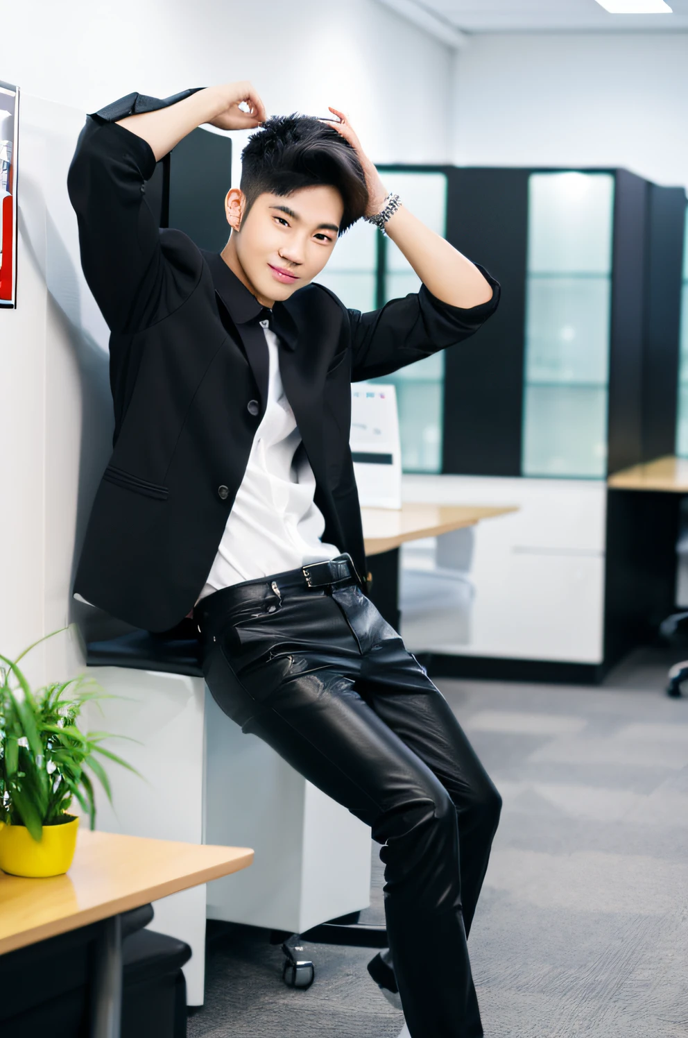 High quality photo of a 25 year old Thai man., Both handsome and cute, Wear a white shirt., black pants, Black leather shoes. Working in the office, random pose, Full length shot, 4D